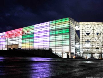 <p>The Akwa Ibom International Stadium is an ultra-modern multi-purpose arena in Uyo, Nigeria. It is the home of the Nigerian Super Eagles, the highly successful Nigerian National Team. In addition to soccer, the stadium is used for a variety of events in the fields of culture, society, and religion. The stadium with its 30‘000 seats was opened with a friendly match between Super Eagles of Nigeria and Black Stars of Ghana on November 7, 2014.</p>

